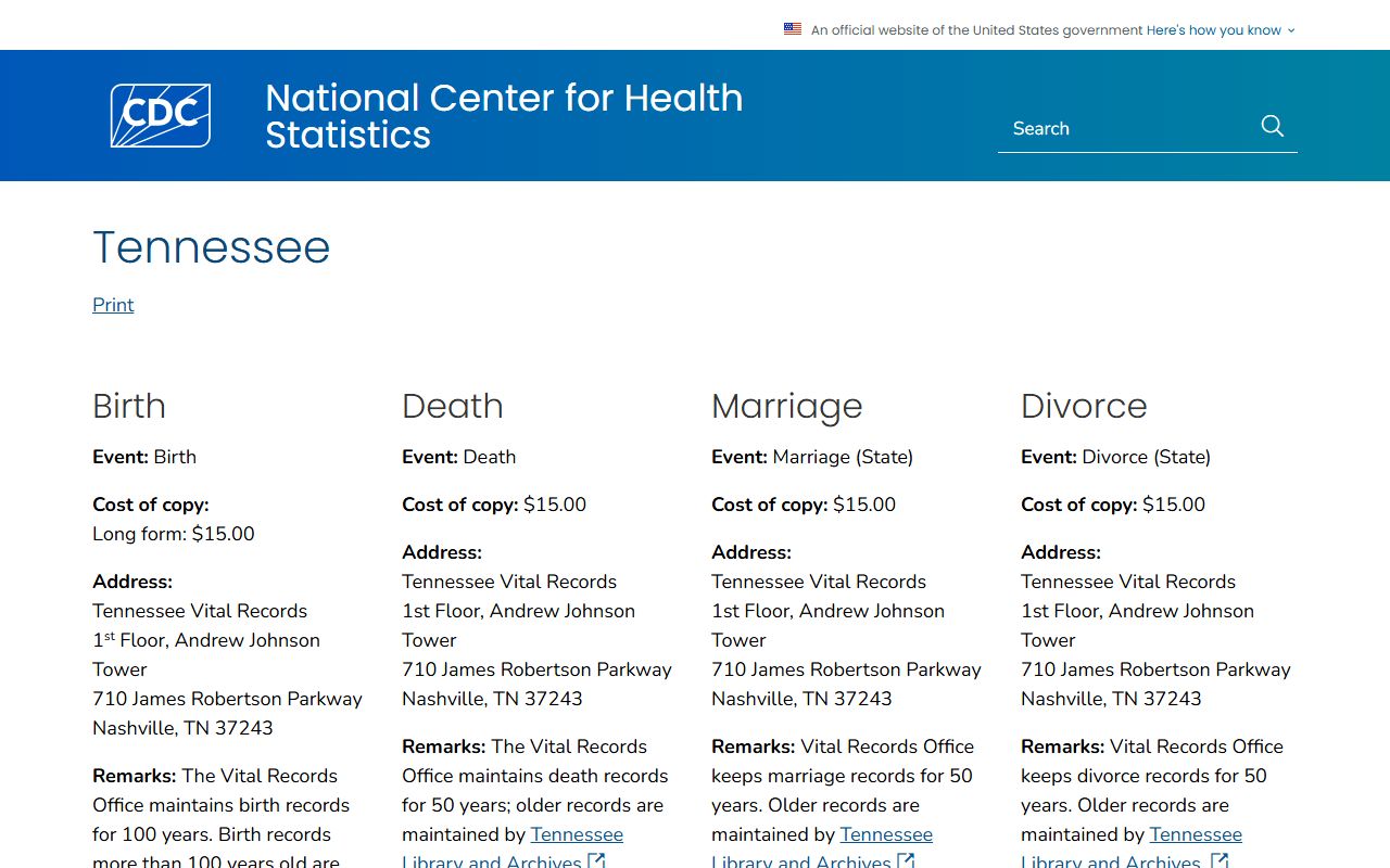 Tennessee Dissolution Of Marriage guidance on the CDC Tennessee vital records page