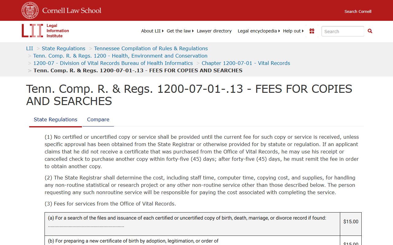 Tennessee Dissolution Of Marriage fee regulations for vital records copies